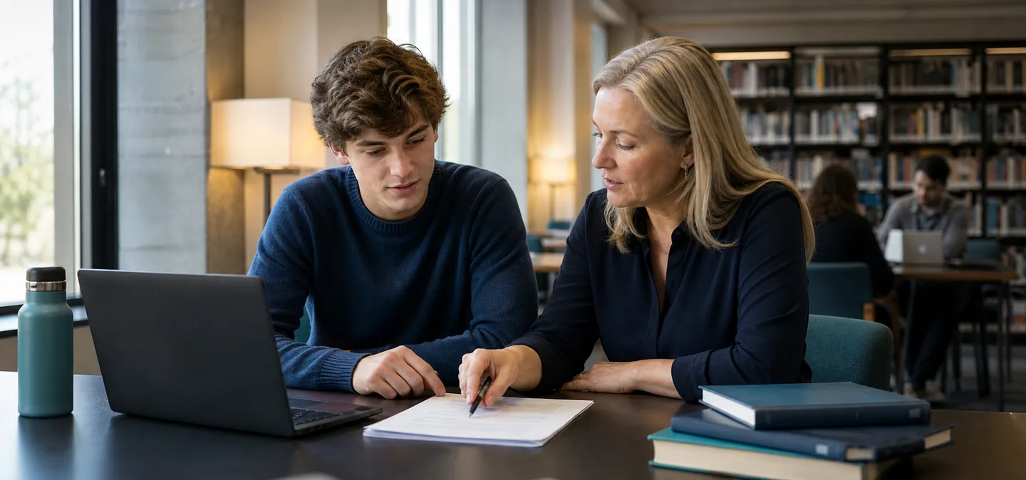 A tutor reviewing a student's writing together at a table.
