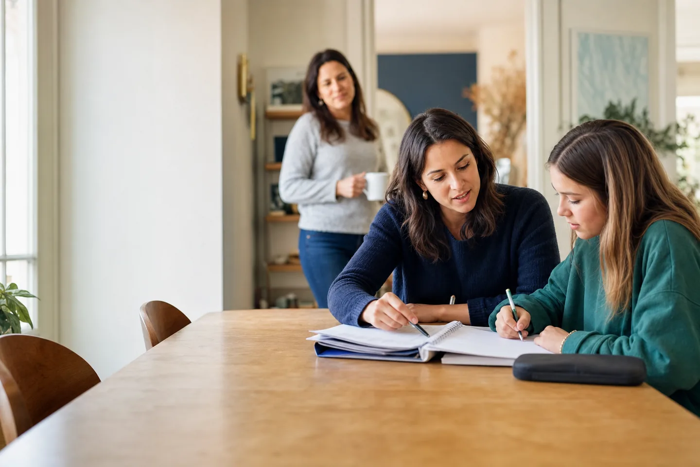 Illustrative scene of a tutor working one-on-one with a high-school student at home while a parent looks on.