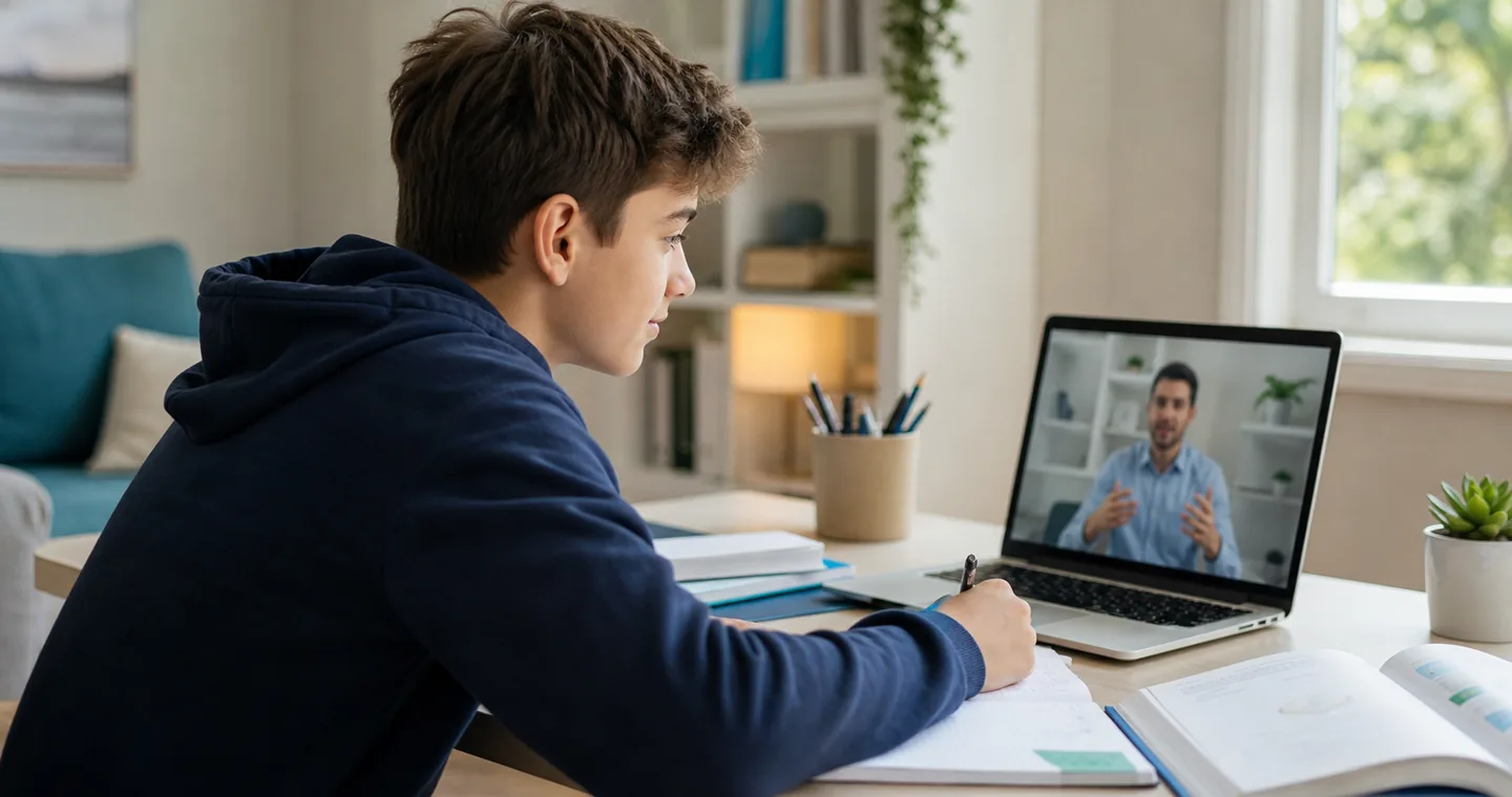 Student working through an online tutoring session from home.