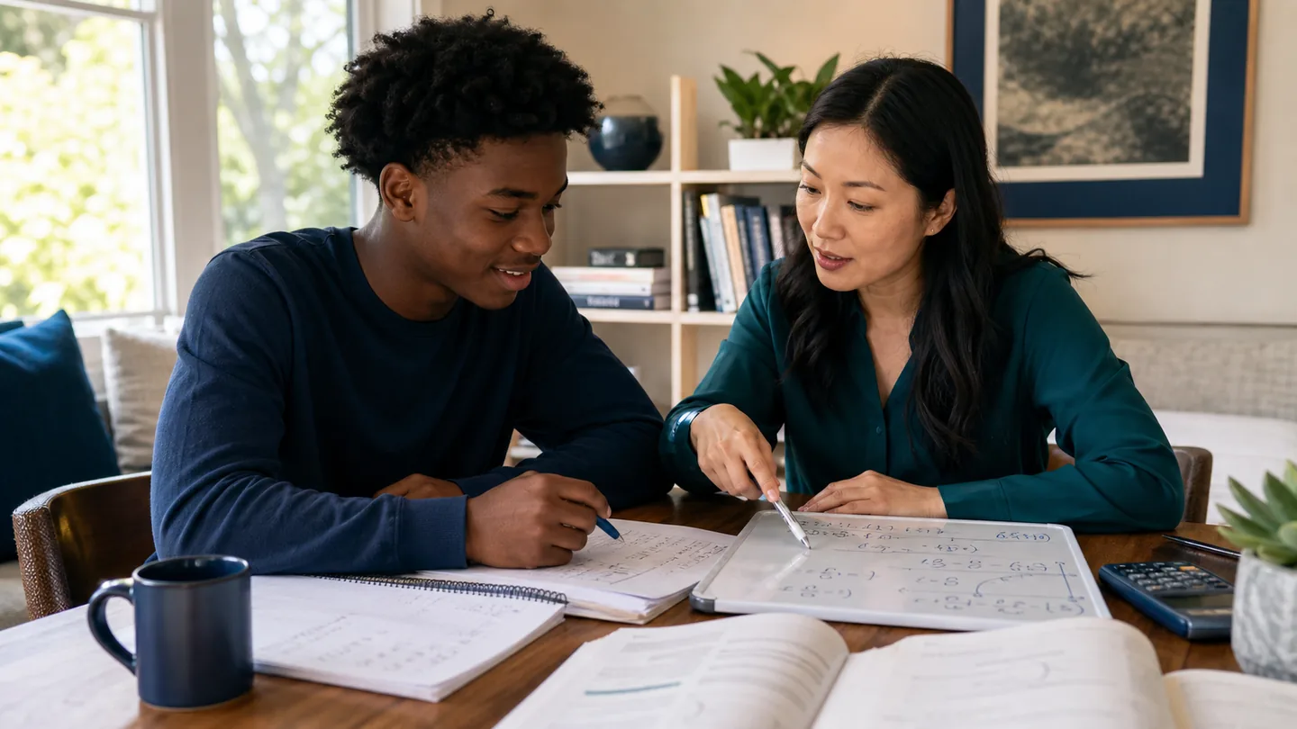 A student and tutor working through a math problem one-on-one.